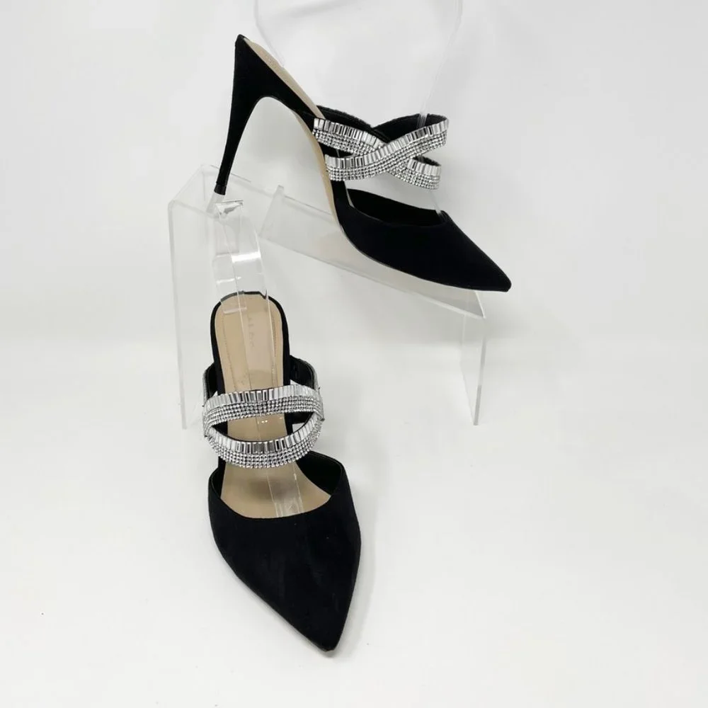Aldo Womens Black Suede Leather Rhinestone Straps Slide Heels Size 8 "Noawia" - Picture 3 of 11